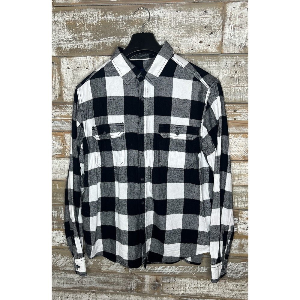 George Men's Black White Buffalo Plaid Flannel Long‎ Sleeve Shirt Large 42/44